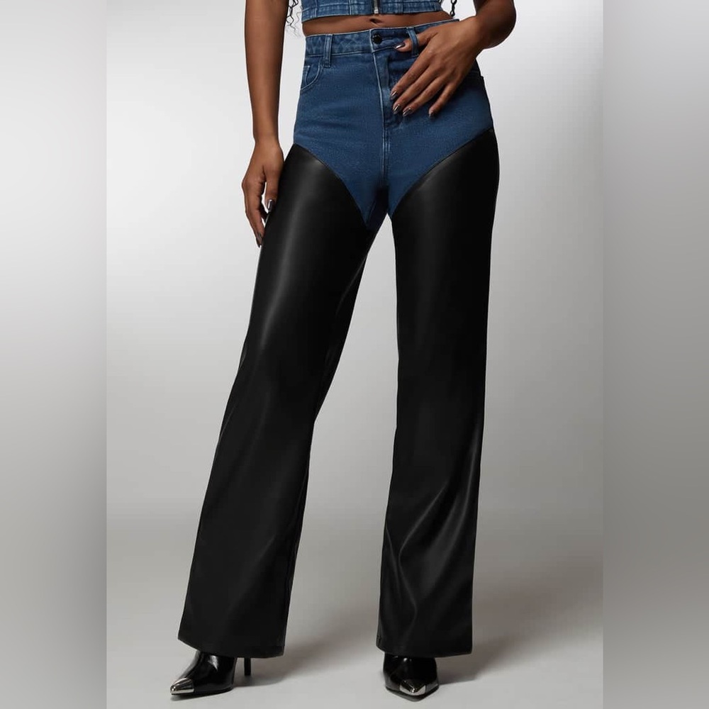 BEBE x CIARA HIGH WAIST VEGAN LEATHER COMBO WIDE LEG JEAN